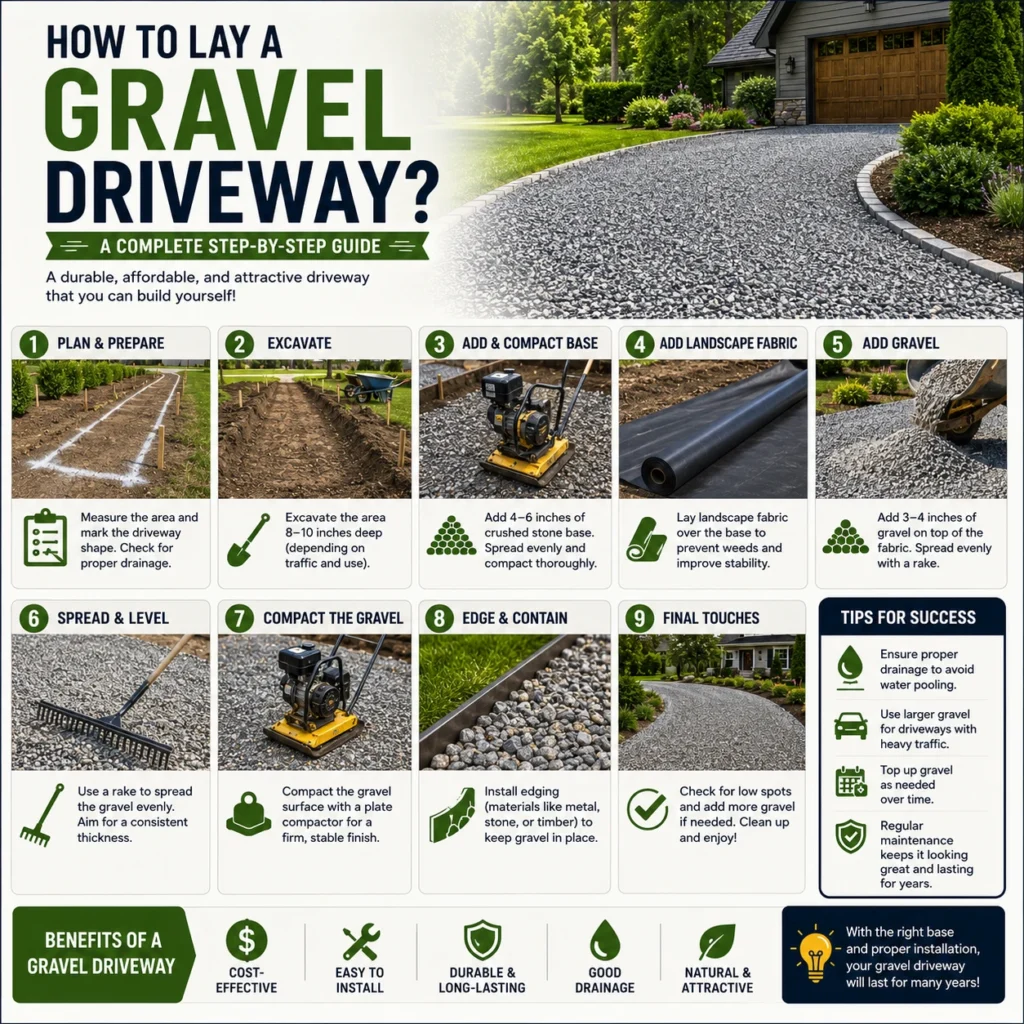 Learn how to lay a gravel driveway with this comprehensive DIY guide. From planning and excavation to compacting and finishing — this how to lay a gravel driveway guide covers everything you need to know.