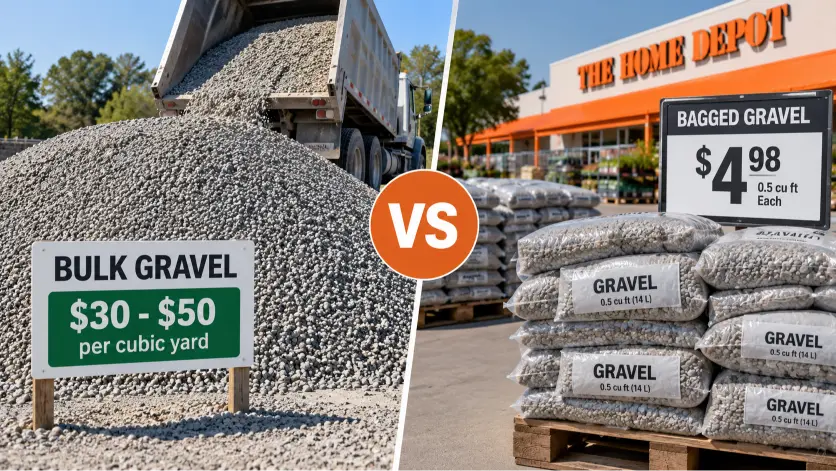 Bulk gravel priced per cubic yard compared to bagged gravel at a home improvement store