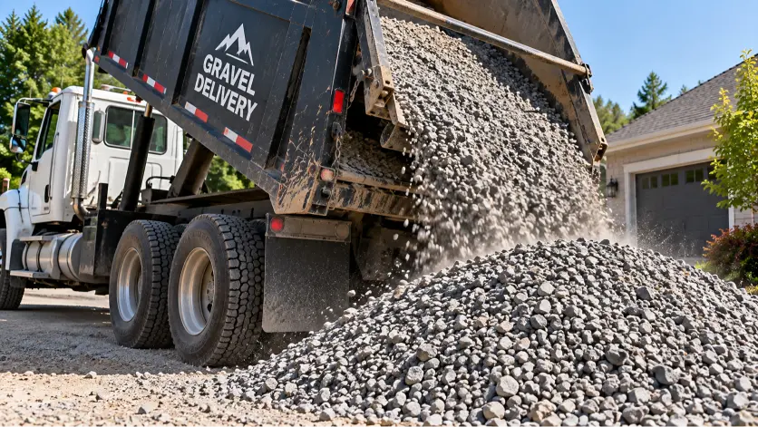 Close-up of a dump truck unloading gravel with dust in the air