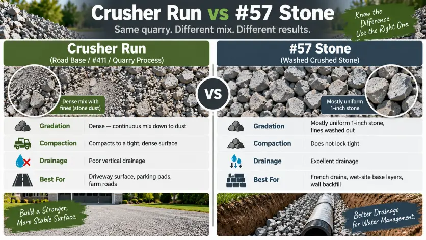 Crusher run vs #57 stone comparison for driveways and drainage