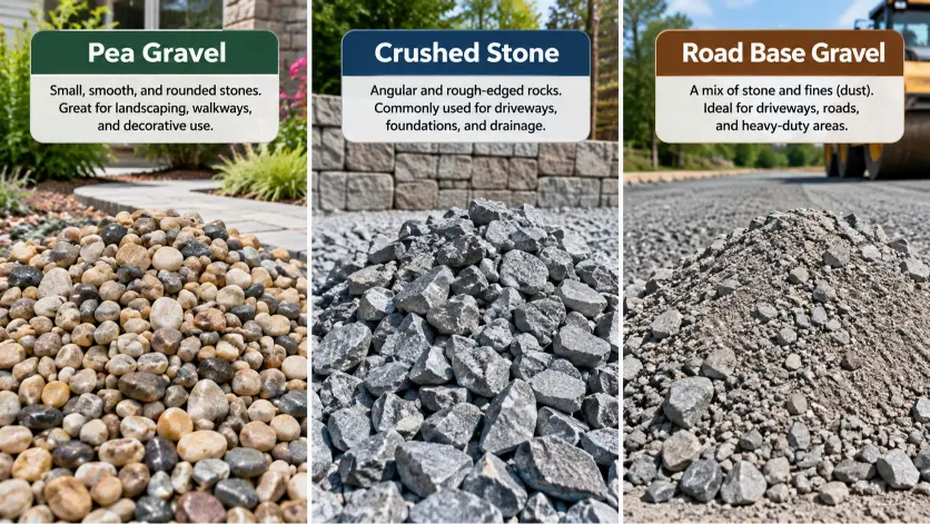 Pea gravel, crushed stone, and road base gravel compared side by side