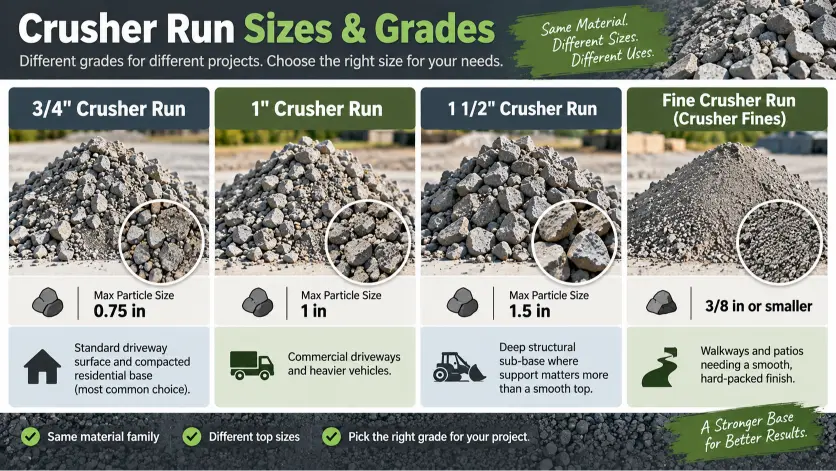 Crusher run sizes and grades including 3/4 inch and 1 inch