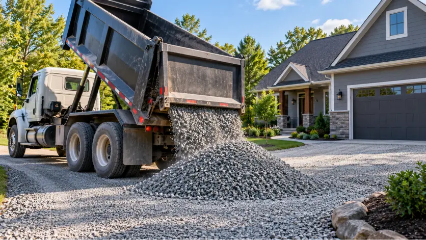 Dump truck delivering bulk gravel to a residential driveway