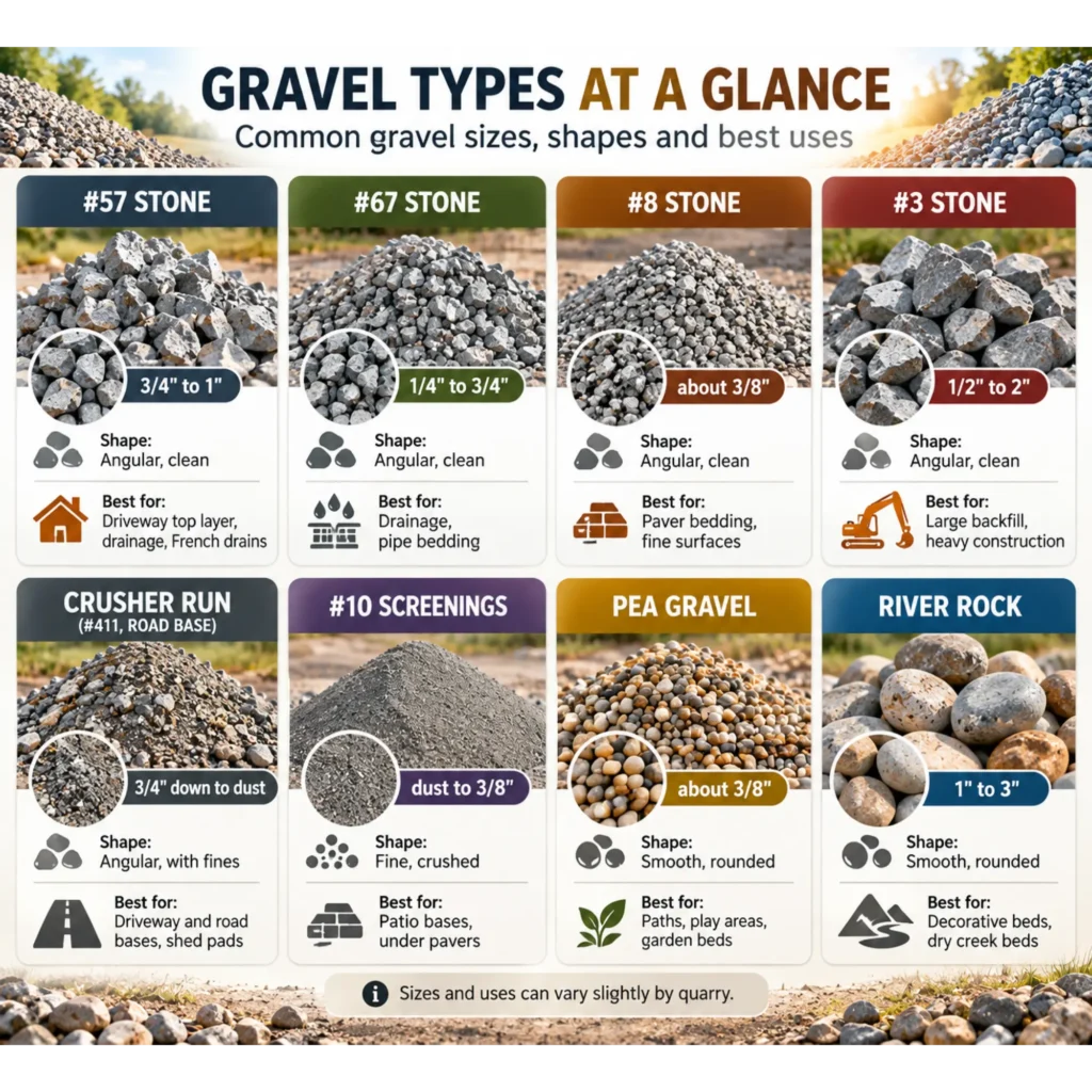 Gravel types chart showing sizes shapes and best uses