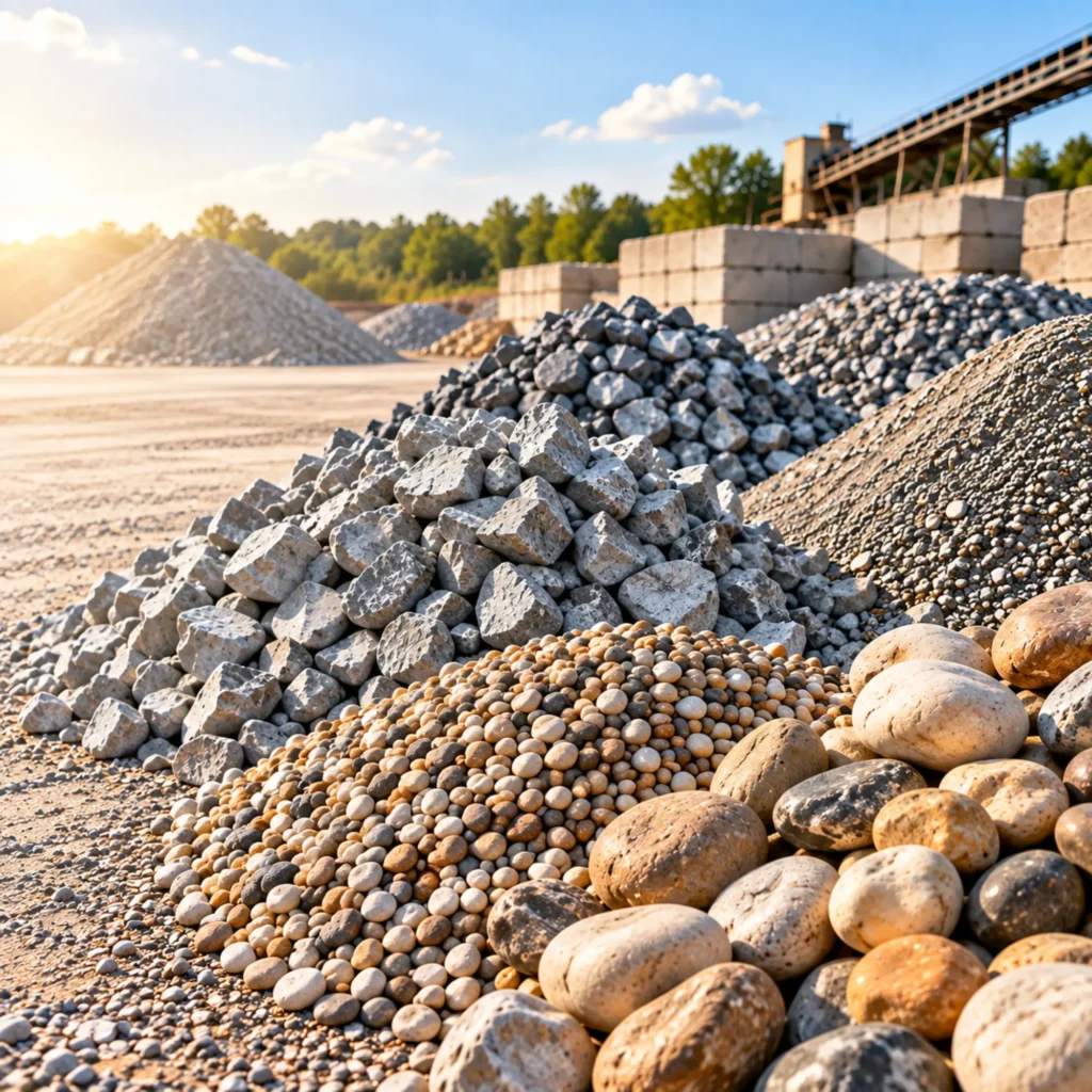 Different types of gravel and crushed stone in a gravel yard