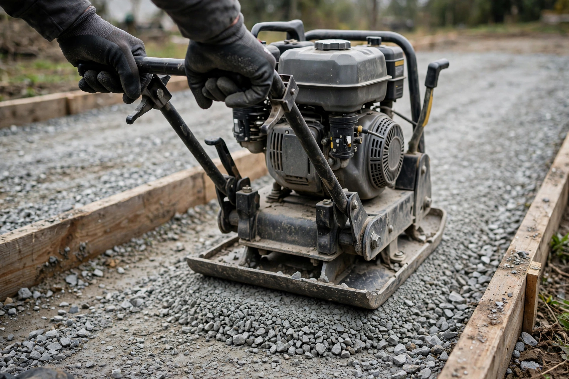 Plate compactor compacting a gravel driveway base layer