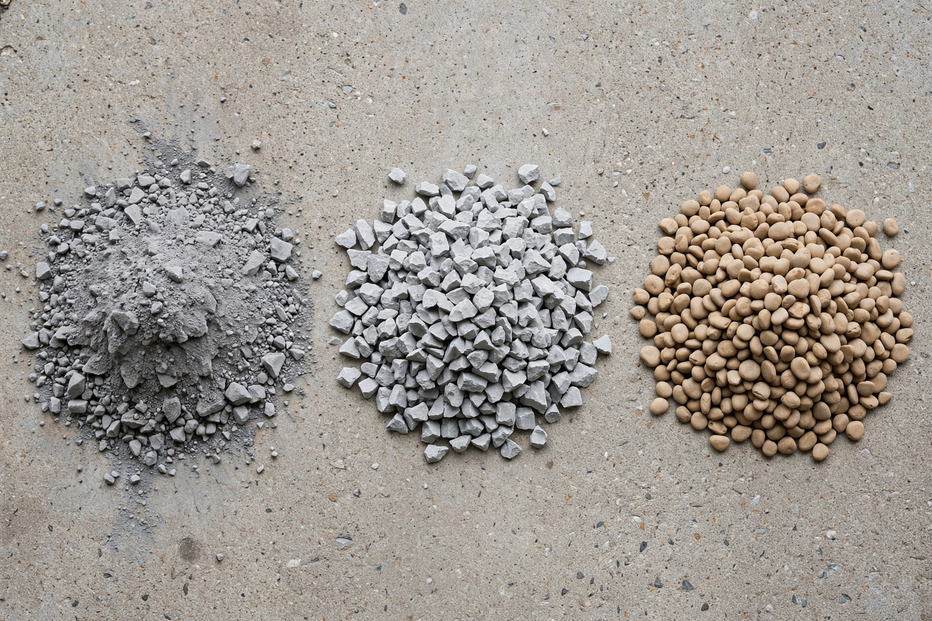 Three piles of driveway stone: crusher run, number 57 stone and pea gravel