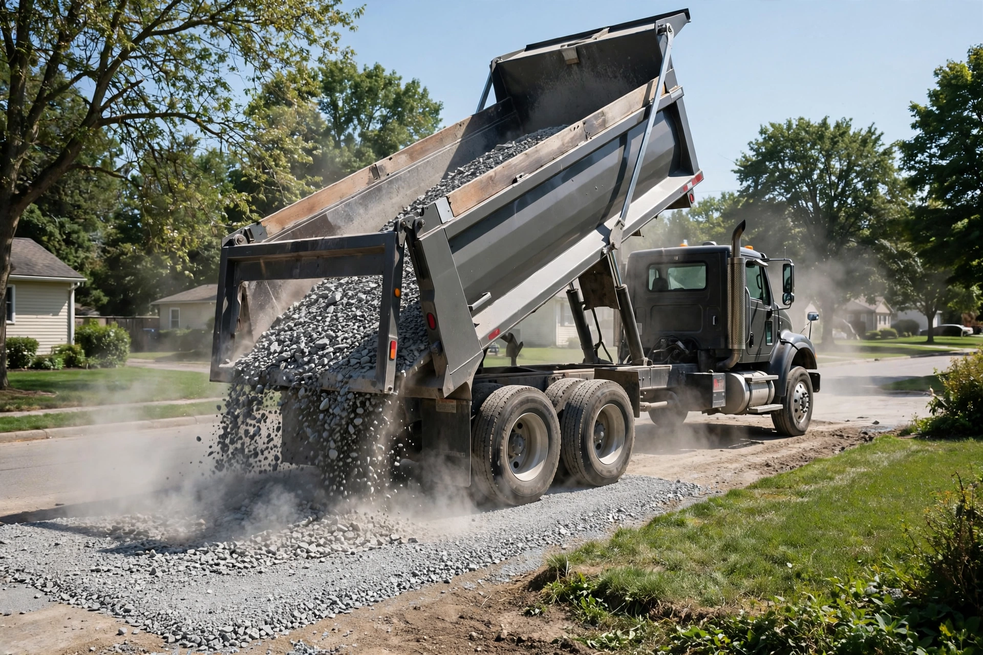 Dump truck delivering a load of gravel onto a driveway