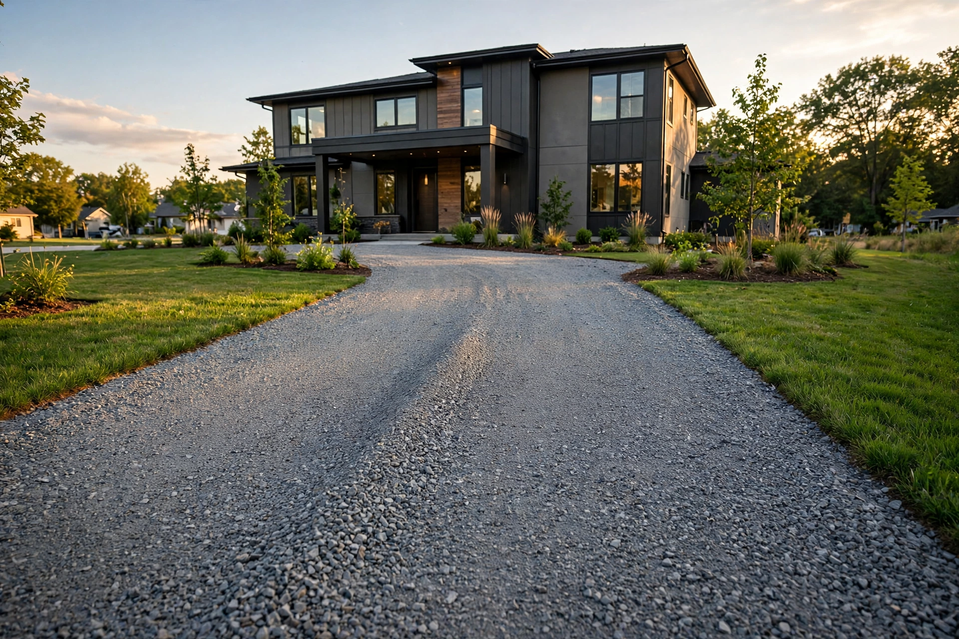 Freshly laid gravel driveway leading to a suburban house